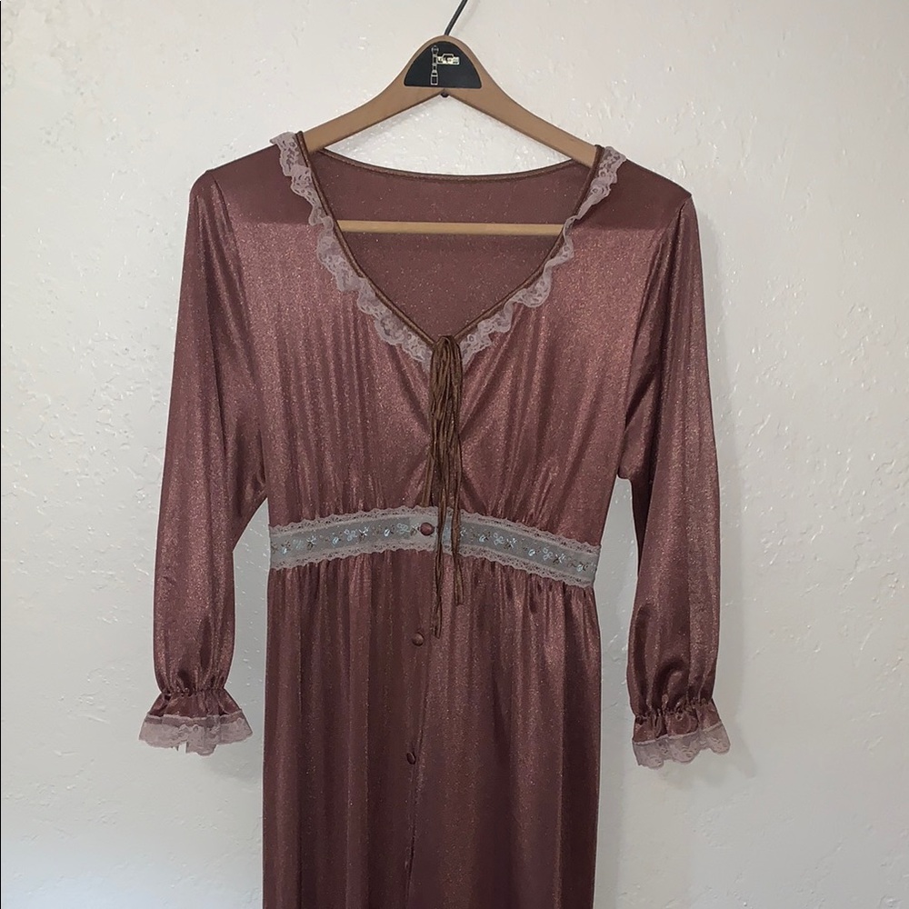Vtg 50s Texsheen Dallas Maxi Hostess Gown Lounger V Neck Bronze Shimmer Medium
